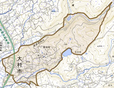 野田町とその周辺の地図。町の範囲を重ねている