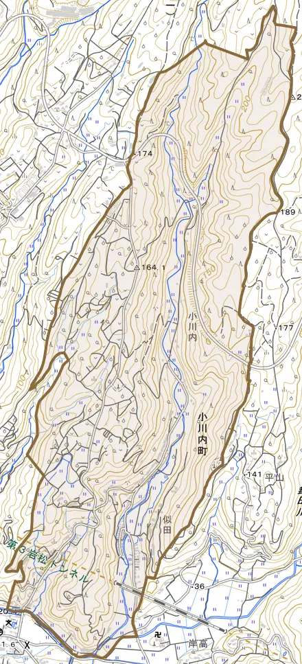 小川内町とその周辺の地図。町の範囲を重ねている