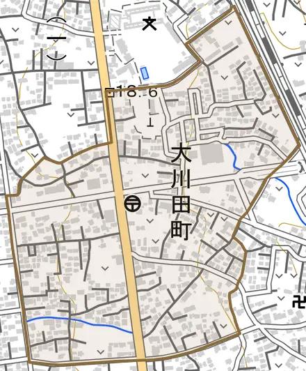 大川田町とその周辺の地図。町の範囲を重ねている