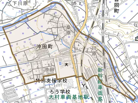 沖田町とその周辺の地図。町の範囲を重ねている