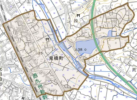 鬼橋町とその周辺の地図。町の範囲を重ねている