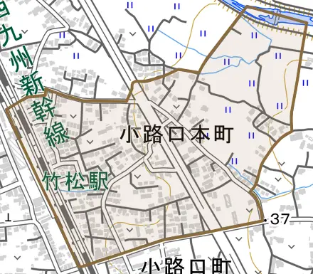 小路口本町とその周辺の地図。町の範囲を重ねている