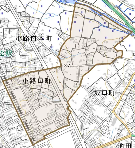 小路口町とその周辺の地図。町の範囲を重ねている
