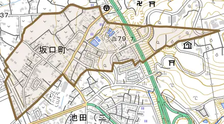 坂口町とその周辺の地図。町の範囲を重ねている