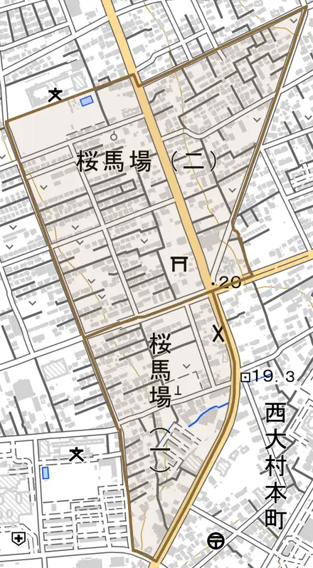 桜馬場とその周辺の地図。町の範囲を重ねている