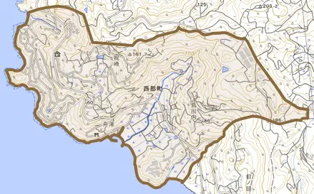 西部町とその周辺の地図。町の範囲を重ねている