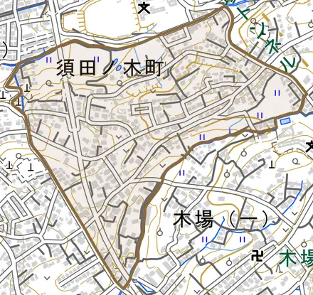 須田ノ木町とその周辺の地図。町の範囲を重ねている