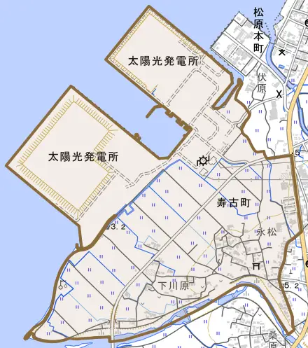 寿古町とその周辺の地図。町の範囲を重ねている