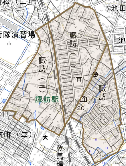 諏訪とその周辺の地図。町の範囲を重ねている
