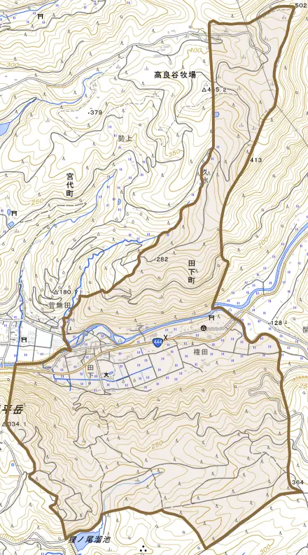 田下町とその周辺の地図。町の範囲を重ねている