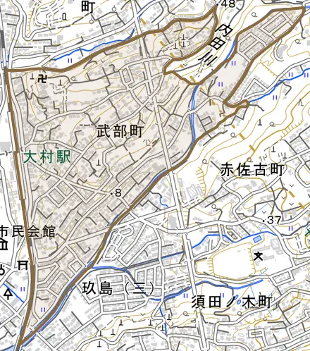 武部町とその周辺の地図。町の範囲を重ねている