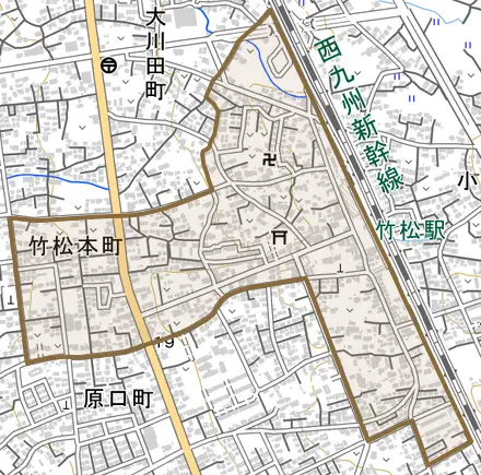 竹松本町とその周辺の地図。町の範囲を重ねている