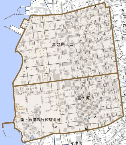 富の原とその周辺の地図。町の範囲を重ねている