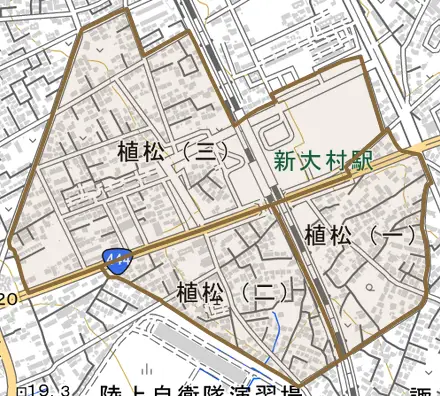 植松とその周辺の地図。町の範囲を重ねている