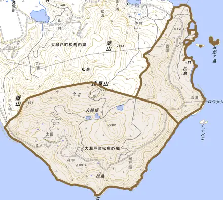 大瀬戸町松島外郷とその周辺の地図。町の範囲を重ねている