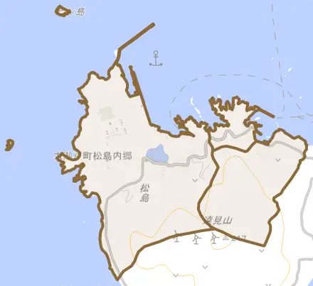 大瀬戸町松島内郷とその周辺の地図。町の範囲を重ねている