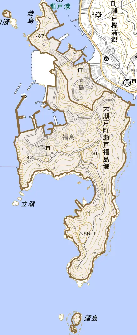 大瀬戸町瀬戸福島郷とその周辺の地図。町の範囲を重ねている