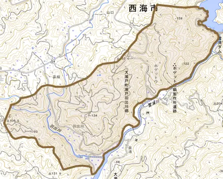 大瀬戸町瀬戸羽出川郷とその周辺の地図。町の範囲を重ねている
