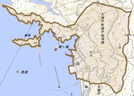 大瀬戸町瀬戸板浦郷とその周辺の地図。町の範囲を重ねている