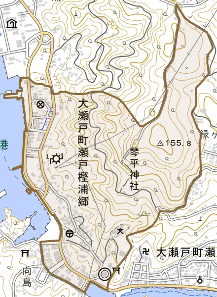 大瀬戸町瀬戸樫浦郷とその周辺の地図。町の範囲を重ねている