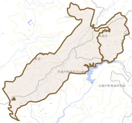 大瀬戸町瀬戸下山郷とその周辺の地図。町の範囲を重ねている