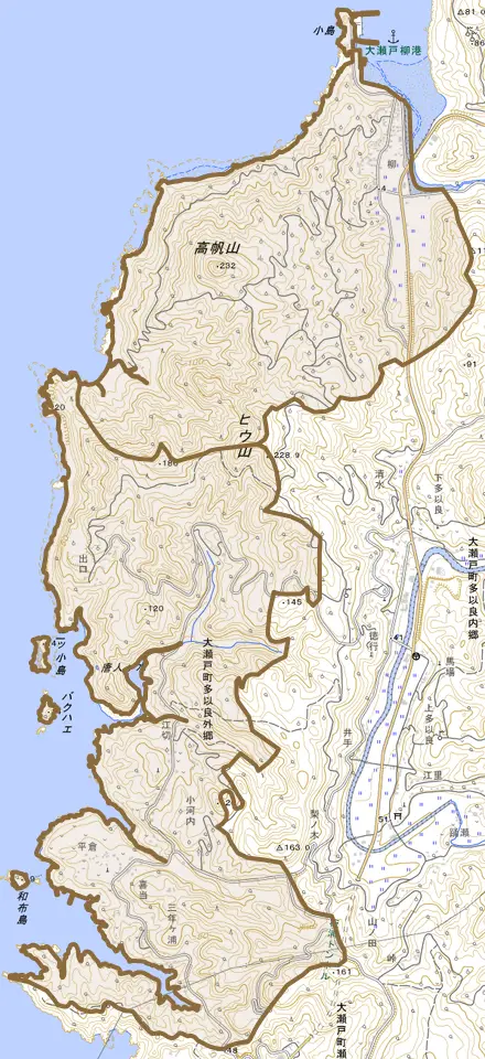 大瀬戸町多以良外郷とその周辺の地図。町の範囲を重ねている