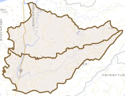 大瀬戸町多以良内郷とその周辺の地図。町の範囲を重ねている