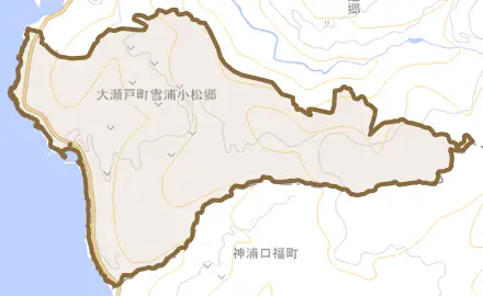 大瀬戸町雪浦小松郷とその周辺の地図。町の範囲を重ねている