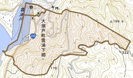 大瀬戸町雪浦下郷とその周辺の地図。町の範囲を重ねている