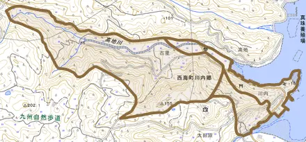西海町川内郷とその周辺の地図。町の範囲を重ねている