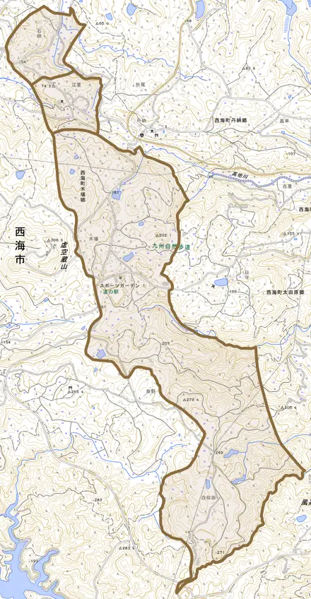 西海町木場郷とその周辺の地図。町の範囲を重ねている