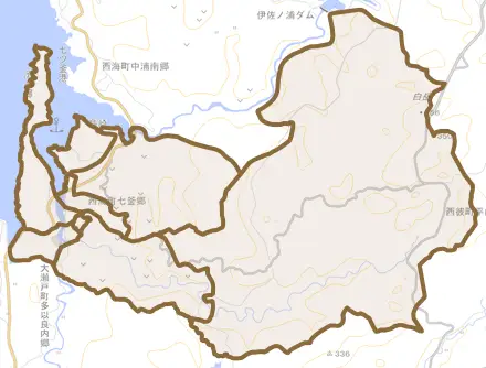 西海町七釜郷とその周辺の地図。町の範囲を重ねている
