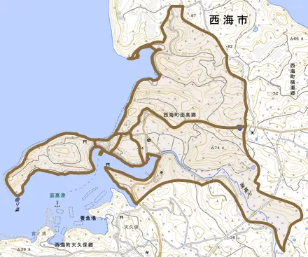 西海町面高郷とその周辺の地図。町の範囲を重ねている