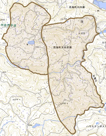 西海町太田原郷とその周辺の地図。町の範囲を重ねている