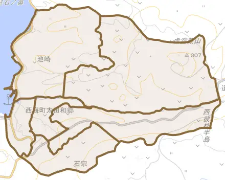 西海町太田和郷とその周辺の地図。町の範囲を重ねている