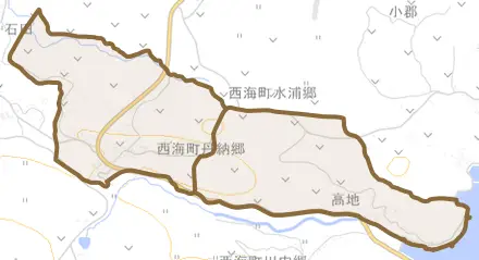 西海町丹納郷とその周辺の地図。町の範囲を重ねている