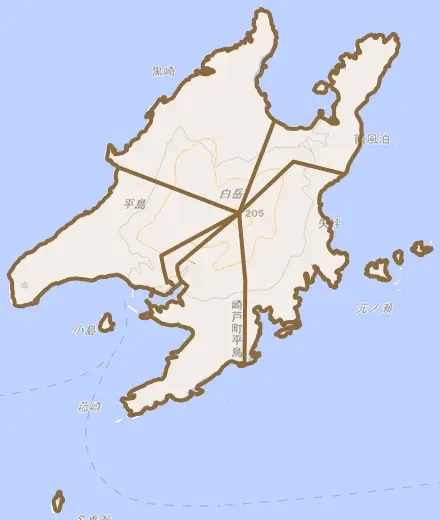 崎戸町平島とその周辺の地図。町の範囲を重ねている