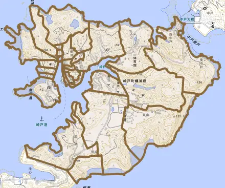 崎戸町蠣浦郷とその周辺の地図。町の範囲を重ねている