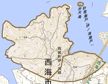 西彼町伊ノ浦郷とその周辺の地図。町の範囲を重ねている