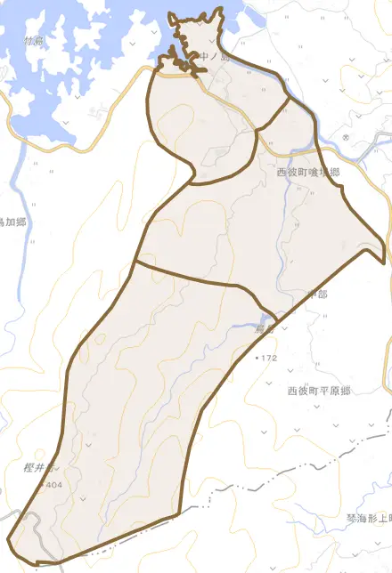 西彼町喰場郷とその周辺の地図。町の範囲を重ねている