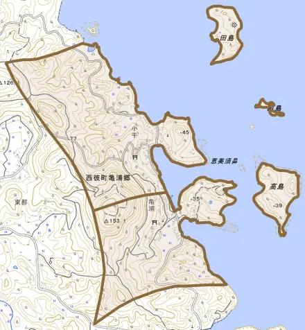 西彼町亀浦郷とその周辺の地図。町の範囲を重ねている