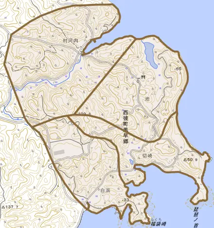 西彼町風早郷とその周辺の地図。町の範囲を重ねている