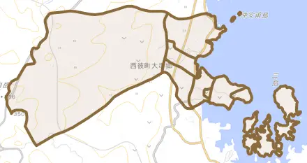 西彼町大串郷とその周辺の地図。町の範囲を重ねている