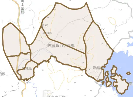 西彼町白似田郷とその周辺の地図。町の範囲を重ねている