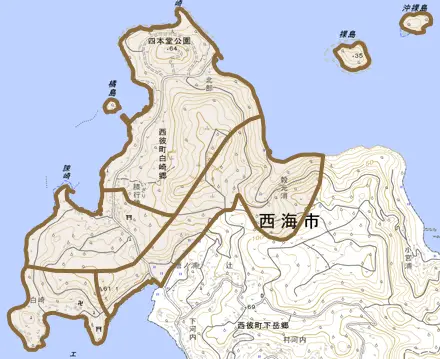西彼町白崎郷とその周辺の地図。町の範囲を重ねている