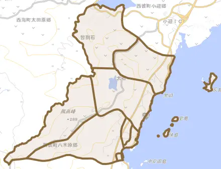 西彼町八木原郷とその周辺の地図。町の範囲を重ねている