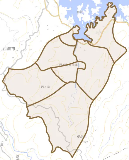 西彼町鳥加郷とその周辺の地図。町の範囲を重ねている