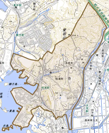 相浦町とその周辺の地図。町の範囲を重ねている