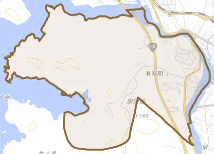 有福町とその周辺の地図。町の範囲を重ねている