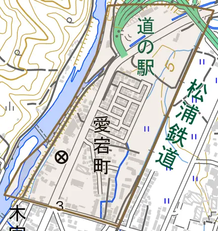 愛宕町とその周辺の地図。町の範囲を重ねている